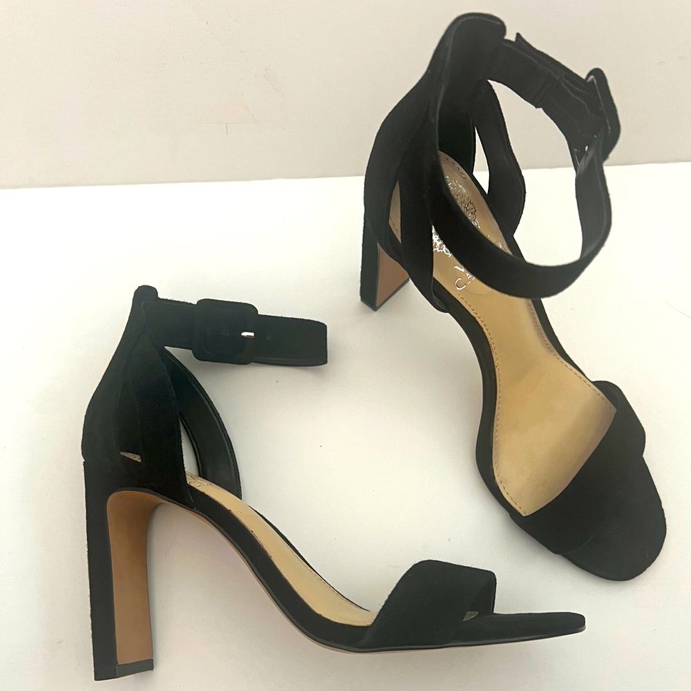 Vince Camuto black suede open toe high heeled sandals